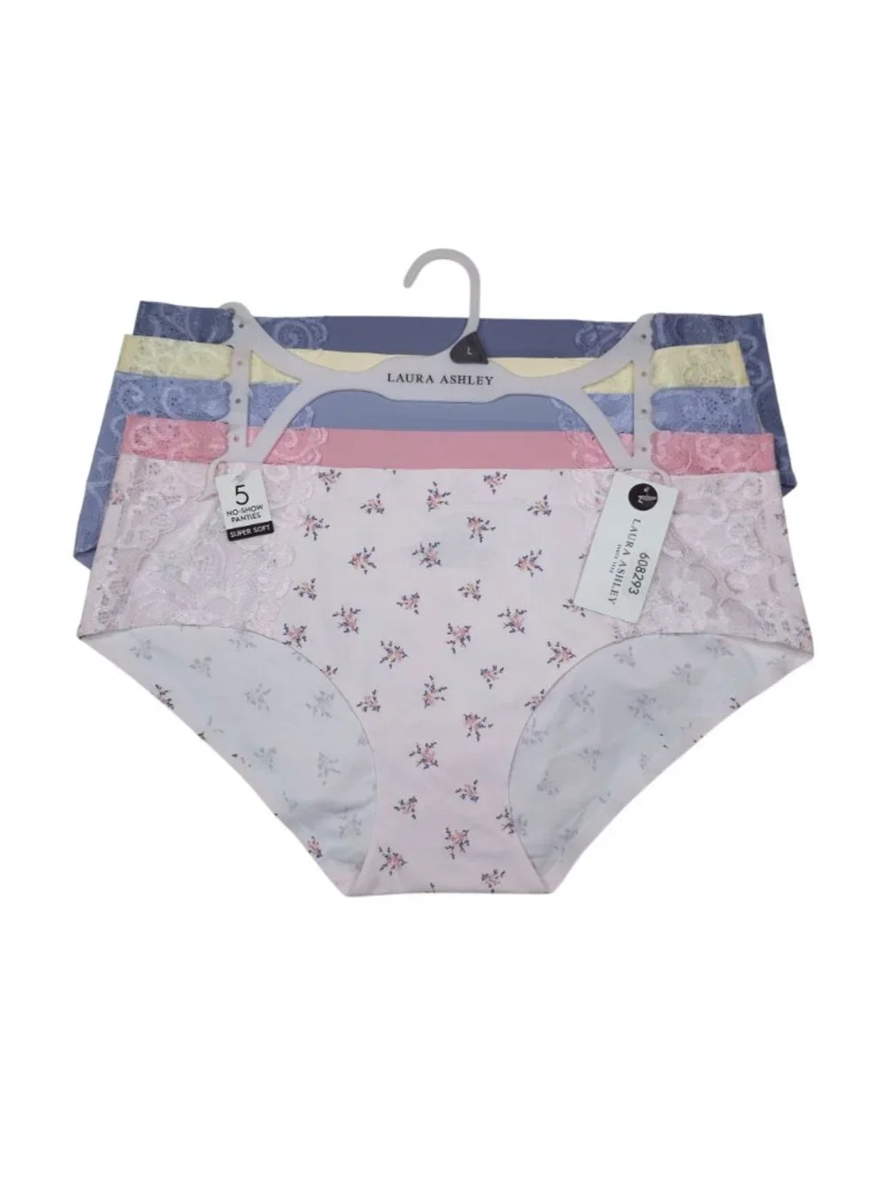 Laura Ashley L 5-Pack No-Show Lace Trim Panties Super Soft Hipster Pink Blue Yel